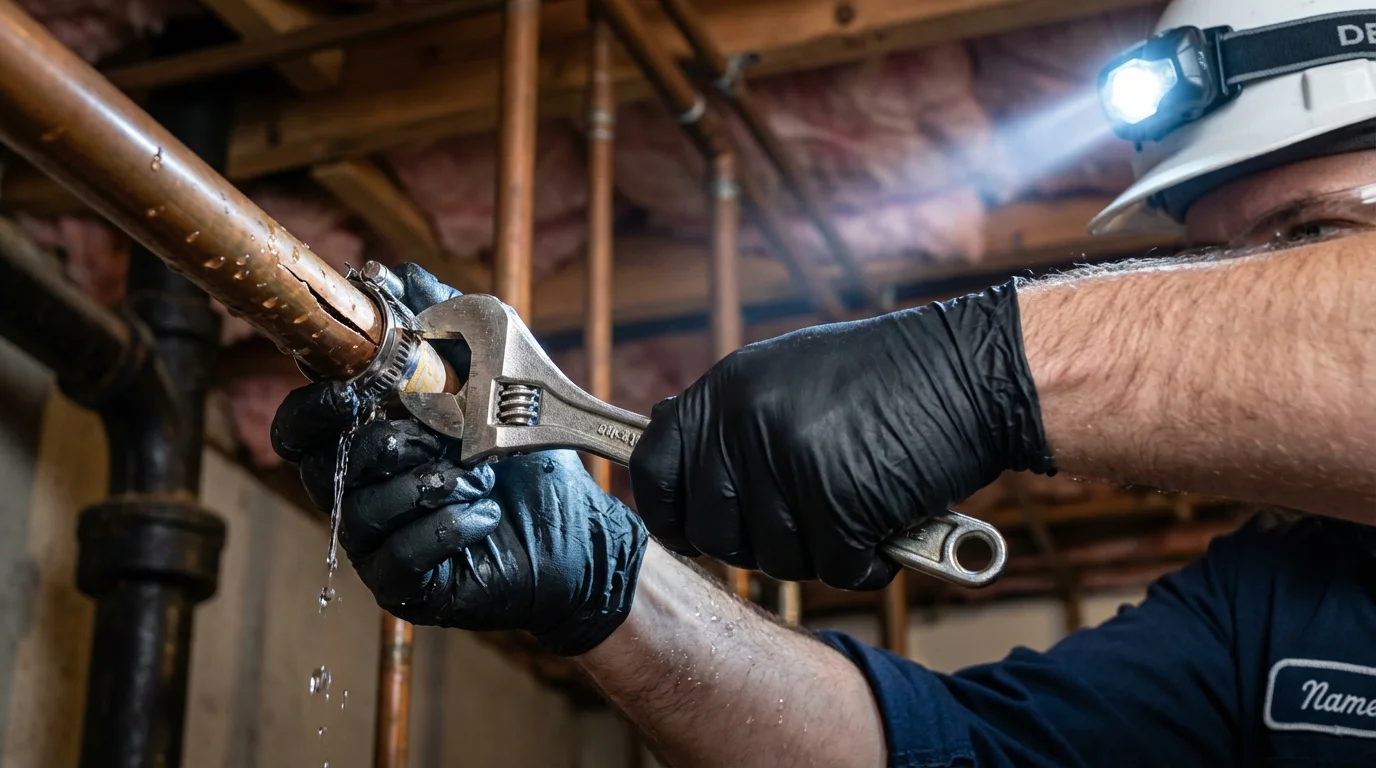 Emergency pipe clamp repair being performed by a Johns Plumbing LLC plumber in Ralls