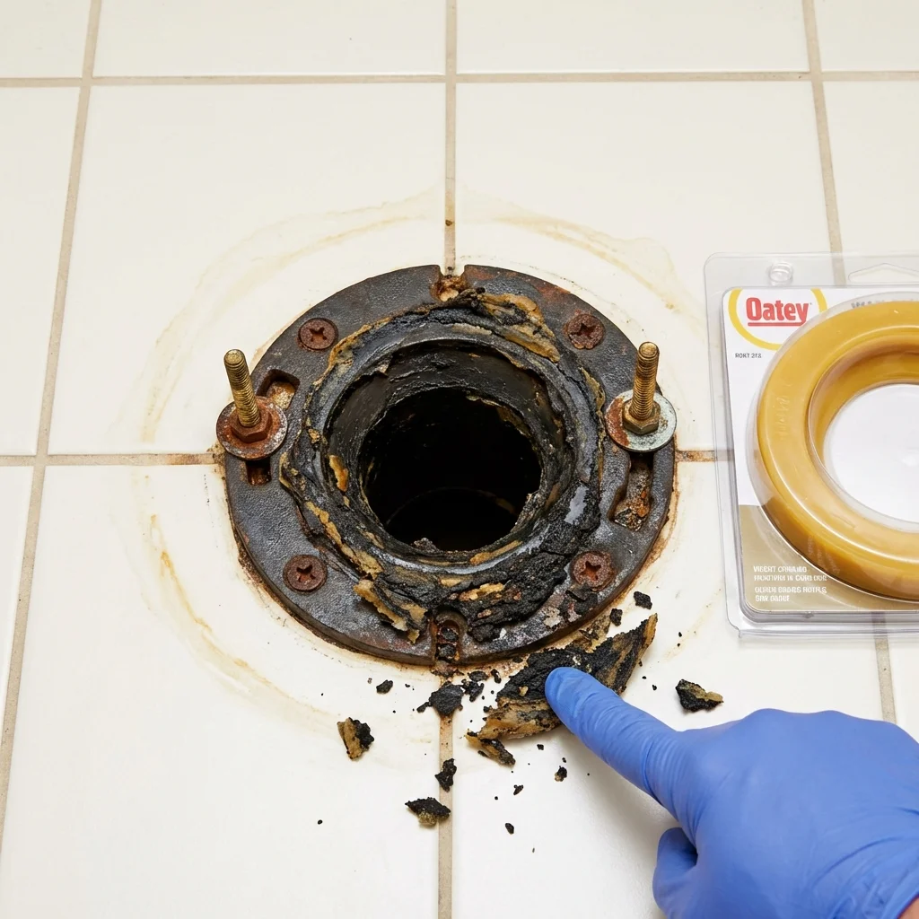 Failed wax ring showing water seepage at the base of a toilet in a Ralls, TX home