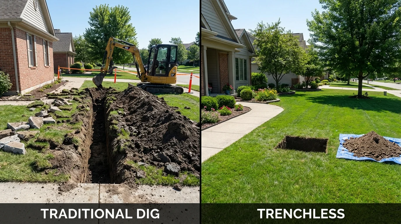Trenchless sewer repair with minimal yard damage versus traditional excavation in Ralls, TX